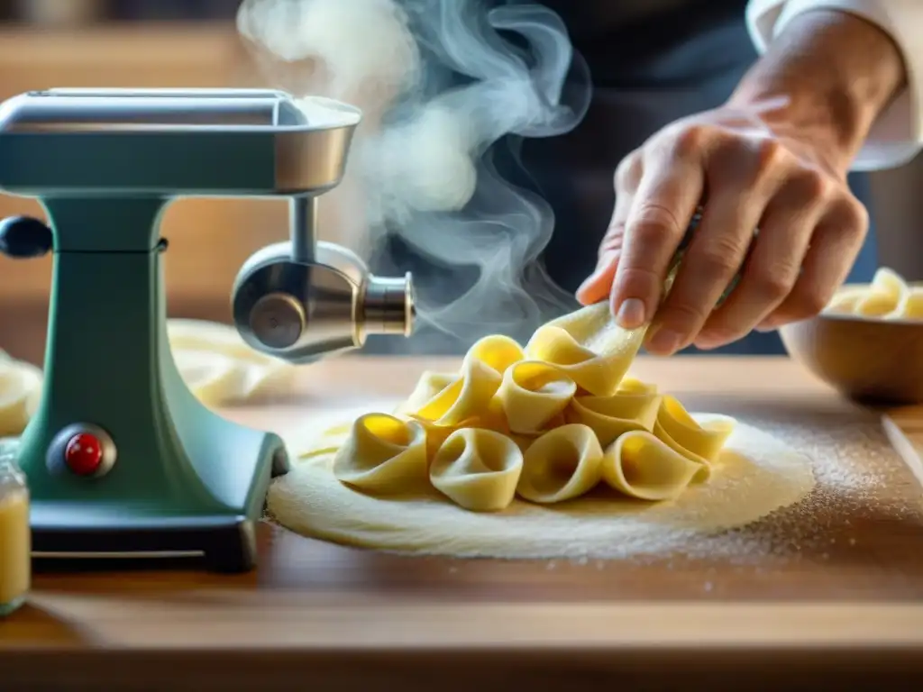 Un chef experto moldea tortellini a mano, con una máquina de pasta vintage al fondo