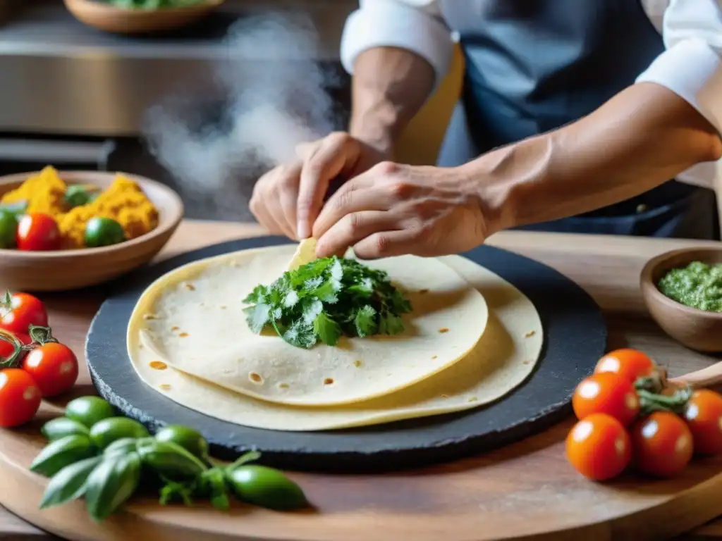 Un chef experto moldea una tortilla mexicana en una cocina en Italia, fusionando tradiciones culinarias