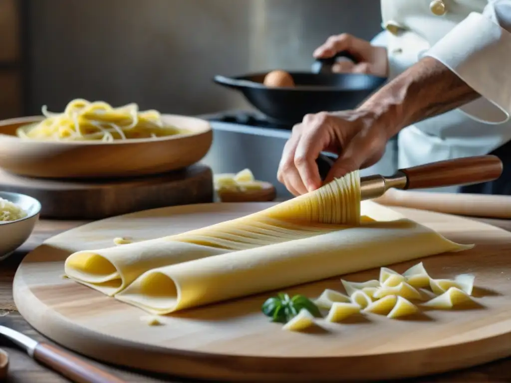 Un chef experto usando un tradicional cortador de pasta en una cocina rústica