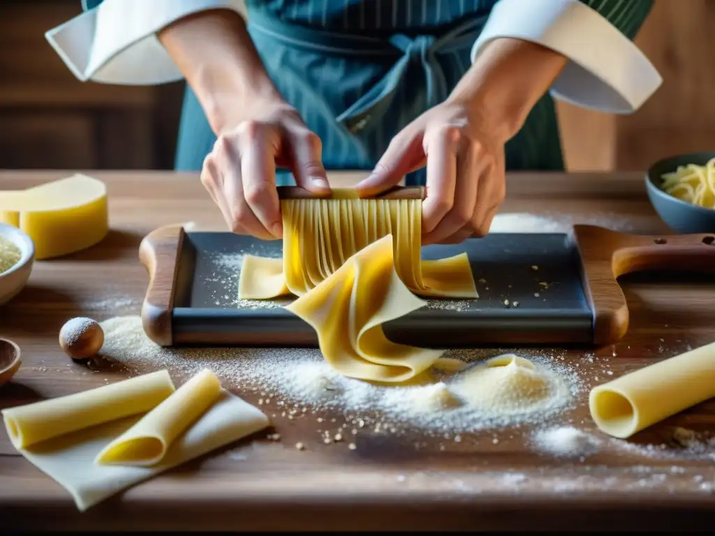 Un chef experto utiliza un tradicional cortador de pasta sobre masa fresca en una escena artesanal