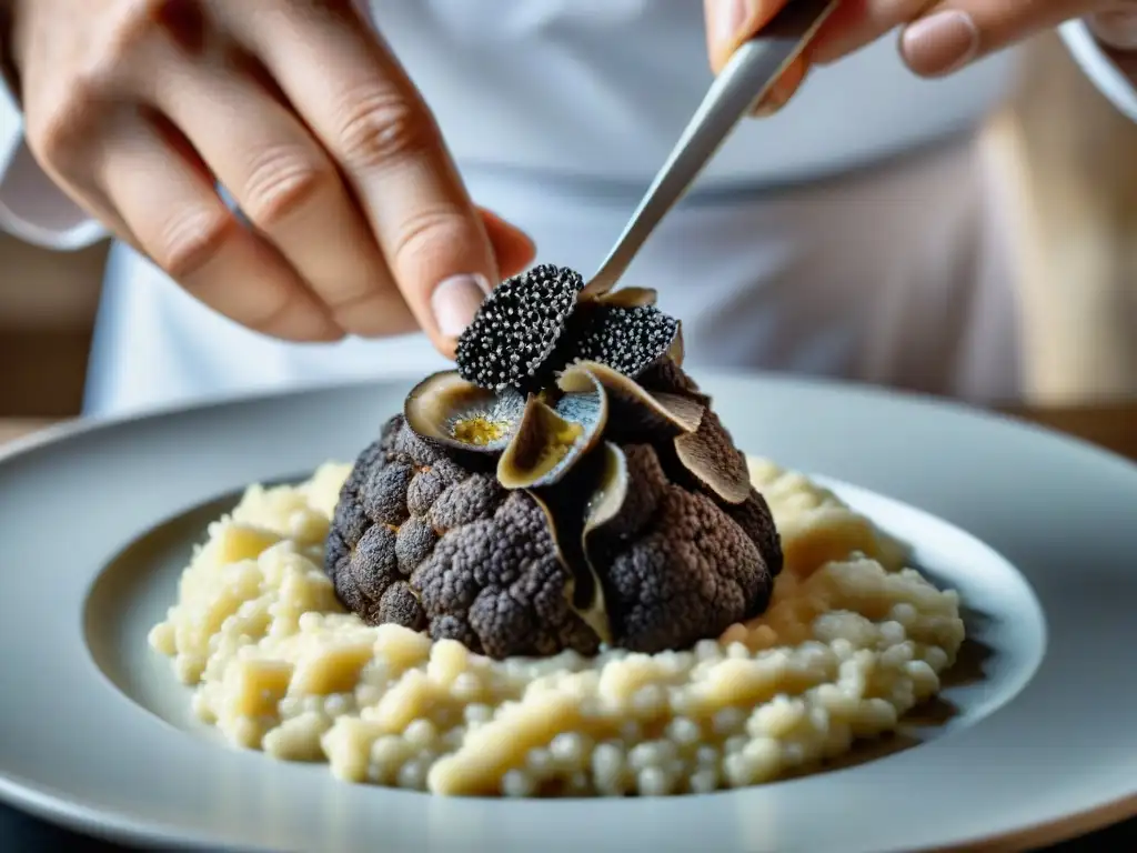 Un chef experto rallando trufa negra fresca sobre risotto cremoso