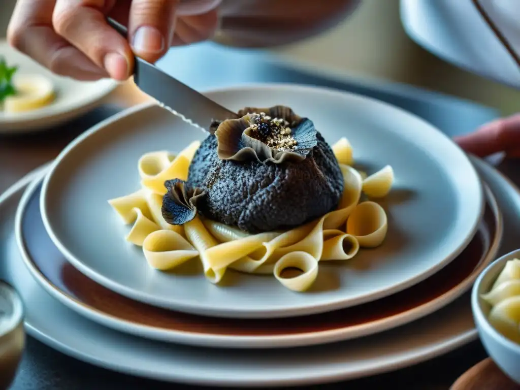 Chef experto rallando una trufa negra fresca sobre pasta gourmet, resaltando los usos y beneficios de la trufa en la cocina italiana