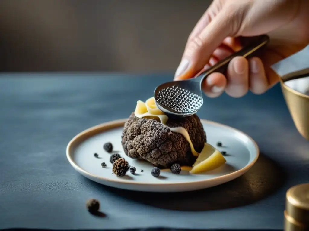 Un chef experto rallando una trufa negra fresca sobre un exquisito plato, resaltando los usos y beneficios de la trufa