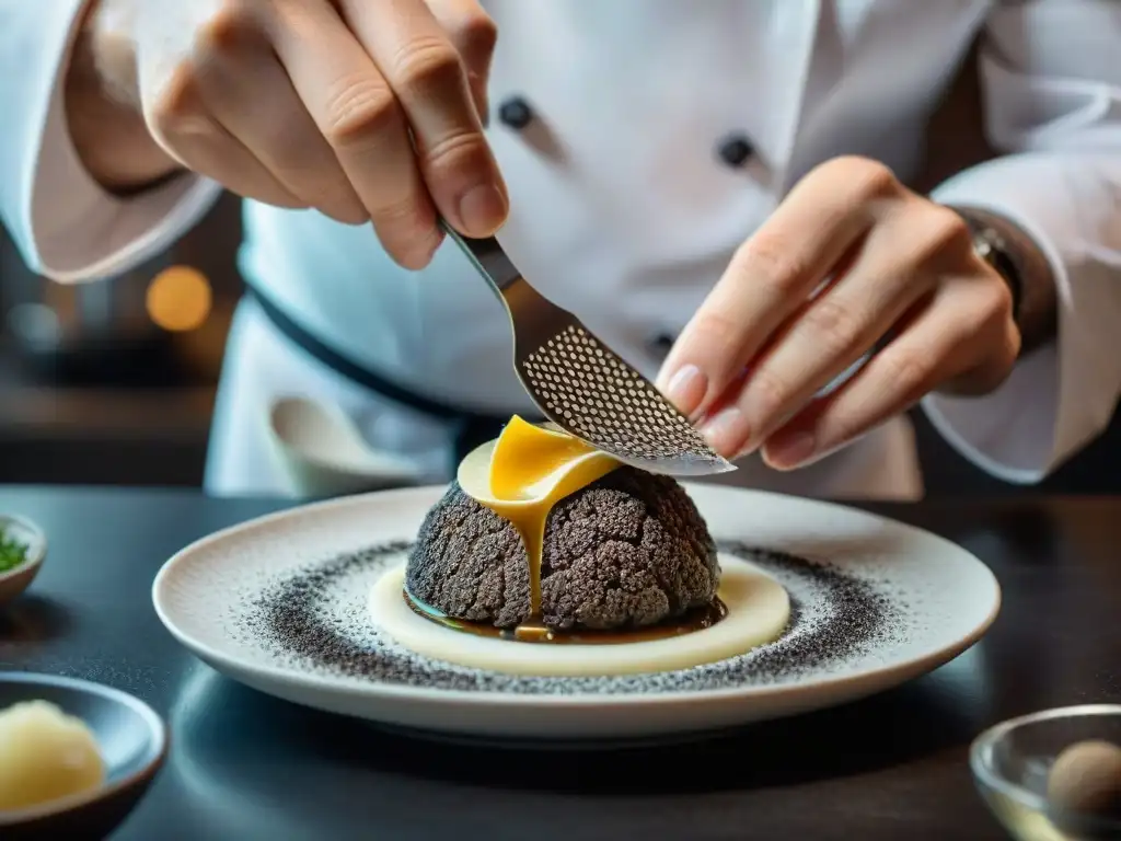 Un chef experto rallando trufa negra sobre un exquisito plato, con luces suaves resaltando los aceites brillantes de la trufa