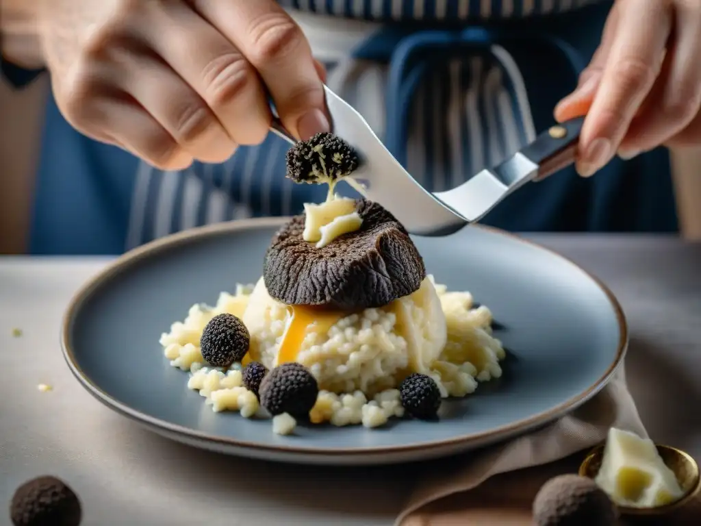 Un chef experto rallando una trufa negra fresca sobre un exquisito risotto cremoso, destacando la elegancia y aroma terroso del ingrediente