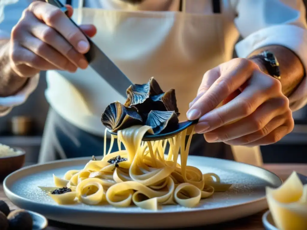 Un chef experto rallando una trufa negra sobre pasta artesanal en una cocina italiana rústica, con aroma a la vista