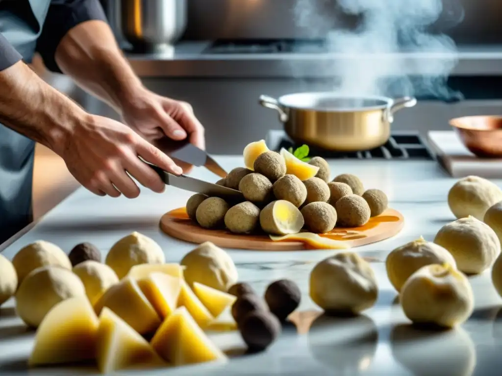 Un chef experto cortando trufas blancas frescas en una elegante cocina italiana, rodeado de ingredientes premium