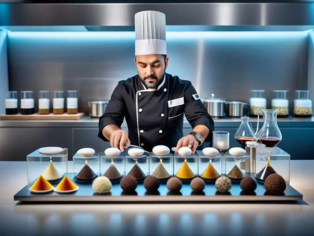 Un chef experto preparando trufas italianas estilo molecular en una cocina de alta tecnología