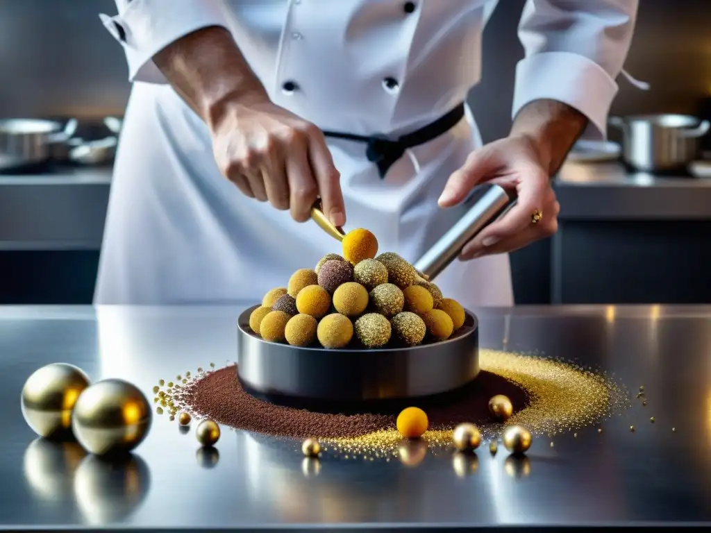 Un chef experto crea trufas italianas estilo molecular con delicadeza y precisión en cocina de alta tecnología