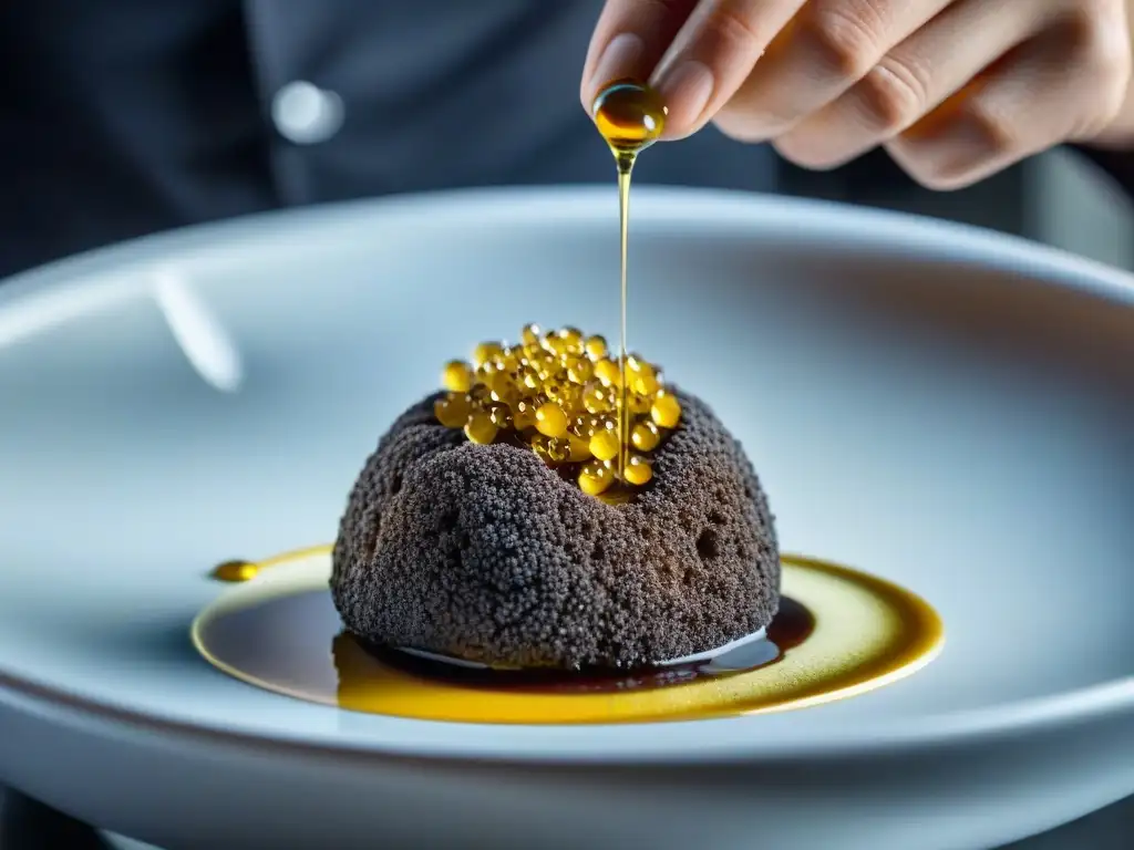 Un chef experto crea trufas italianas estilo molecular con destreza en una cocina moderna y estéril