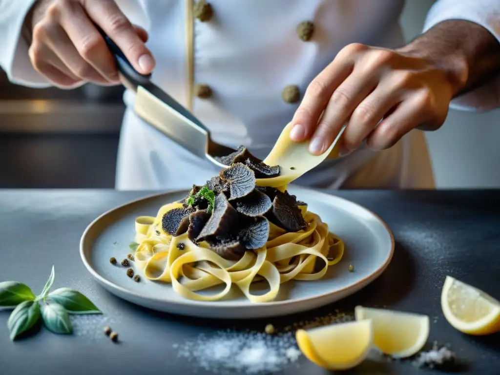 Un chef experto cocina trufas italianas gourmet sobre tagliatelle casero con aceite de trufa