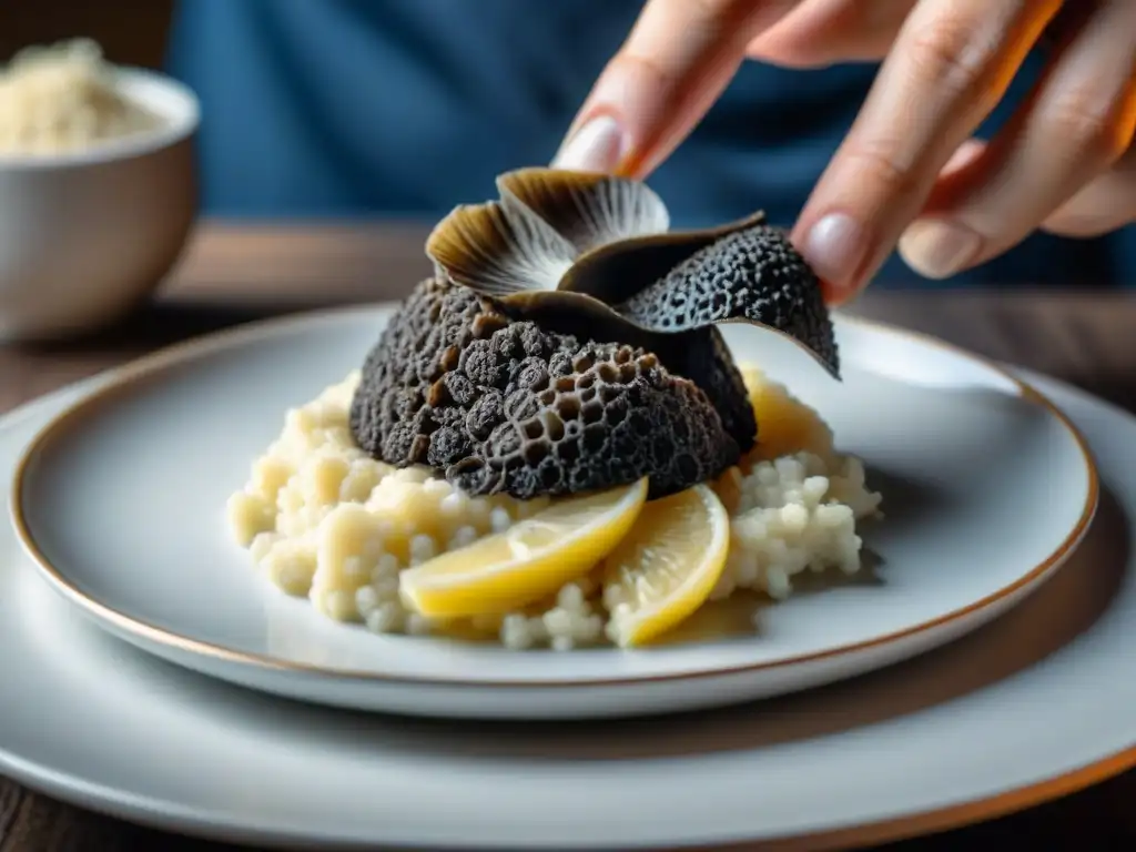 Un chef experto rallando trufas negras frescas sobre un risotto cremoso, mostrando la elegancia y lujo de las trufas italianas