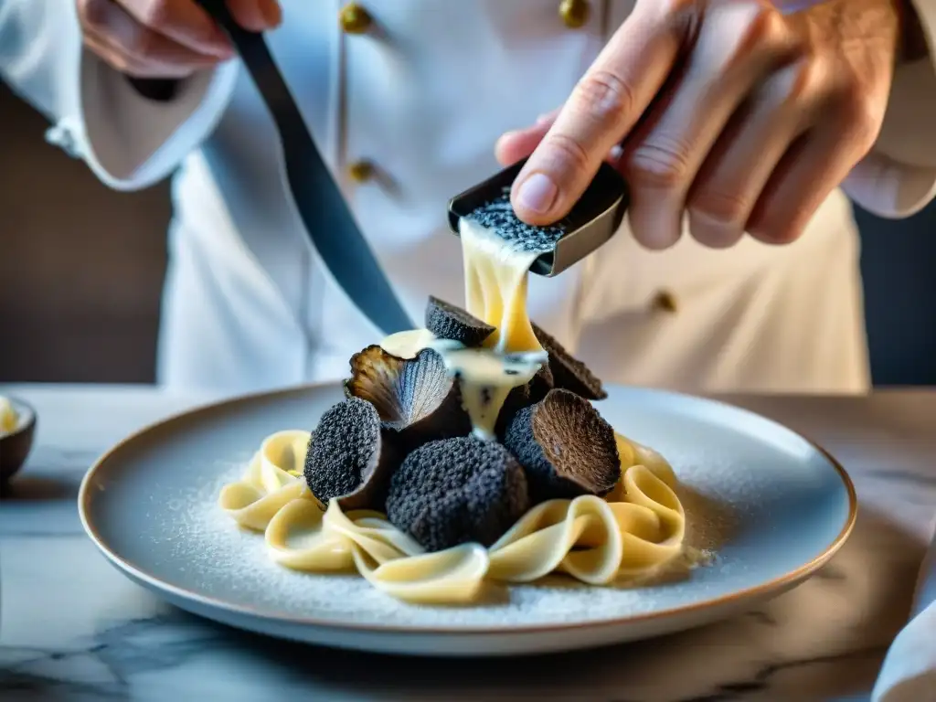 Un chef experto rallando trufas negras sobre fettuccine alfredo casero, mostrando el lujo de la gastronomía italiana gourmet