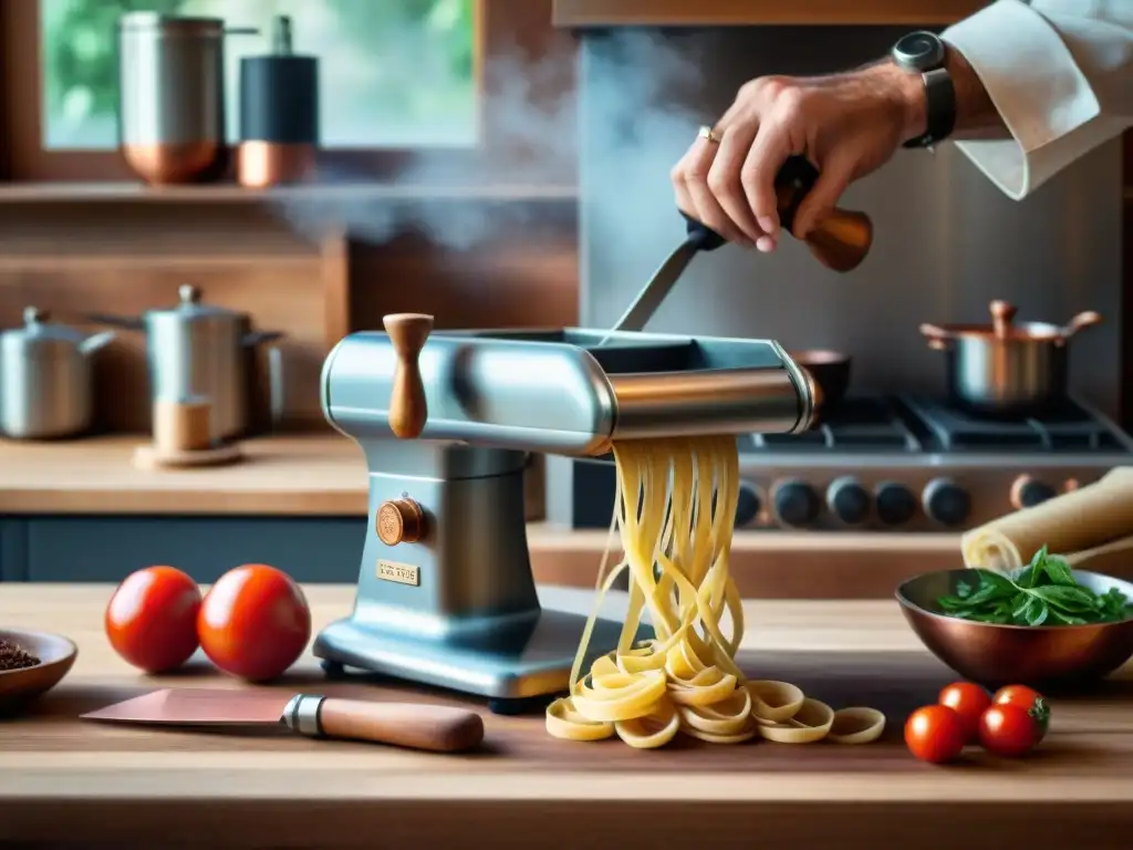 Un chef experto utiliza utensilios de cocina italianos para crear platos auténticos, evocando tradición y destreza culinaria