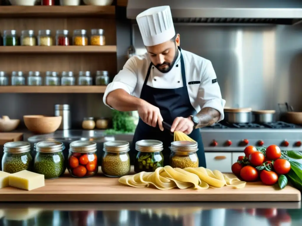 Chef experto conservando al vacío ingredientes italianos en cocina moderna