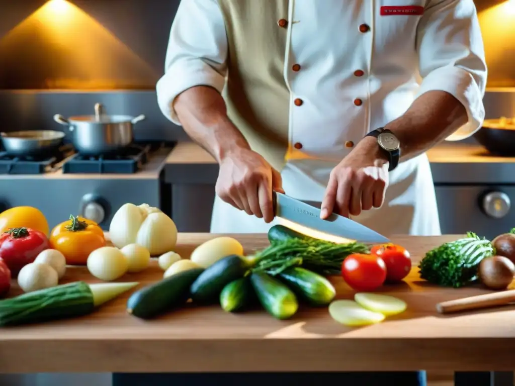 Un chef experto cortando vegetales con mandolinas italianas para cortar vegetales en una cocina tradicional italiana