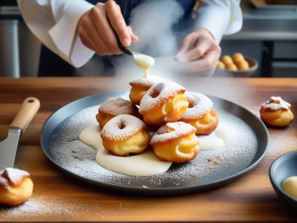 Un chef experto prepara zeppole en una cocina acogedora