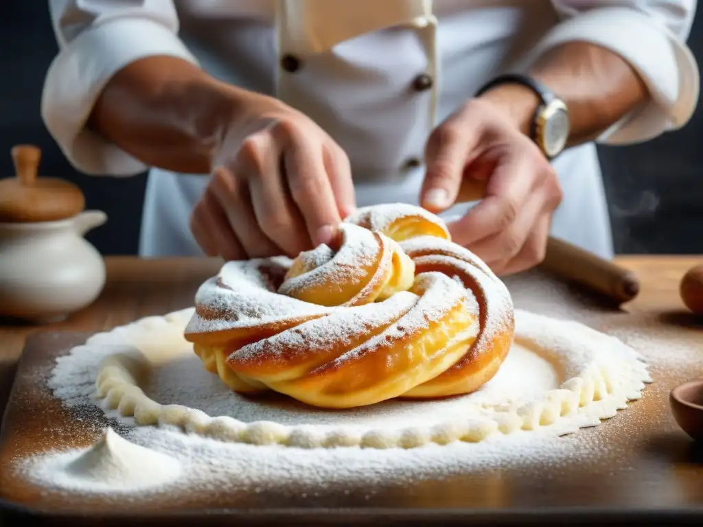 Un chef experto moldea una zeppole perfecta con harina en el aire, usando un rodillo de madera vintage