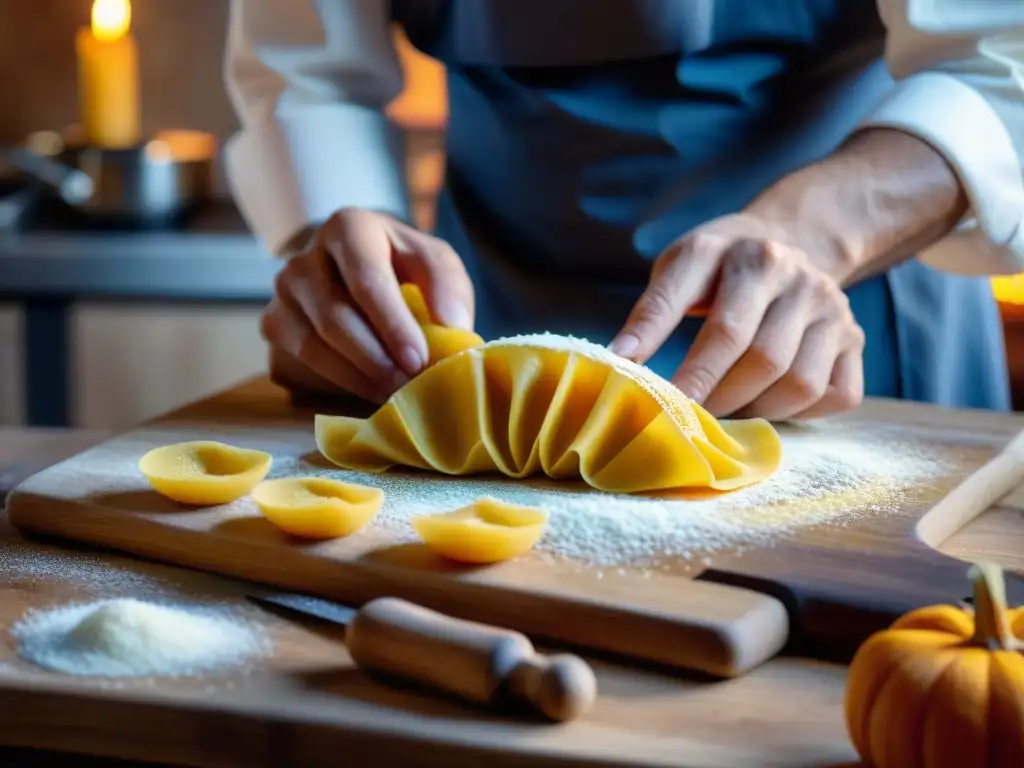 Un chef experto elabora tortelli di zucca receta tradicional en una acogedora cocina rústica en Lombardia