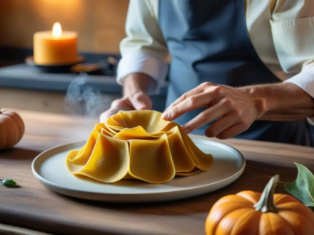 Chef experto preparando tortelli di zucca receta tradicional en cocina rústica lombarda