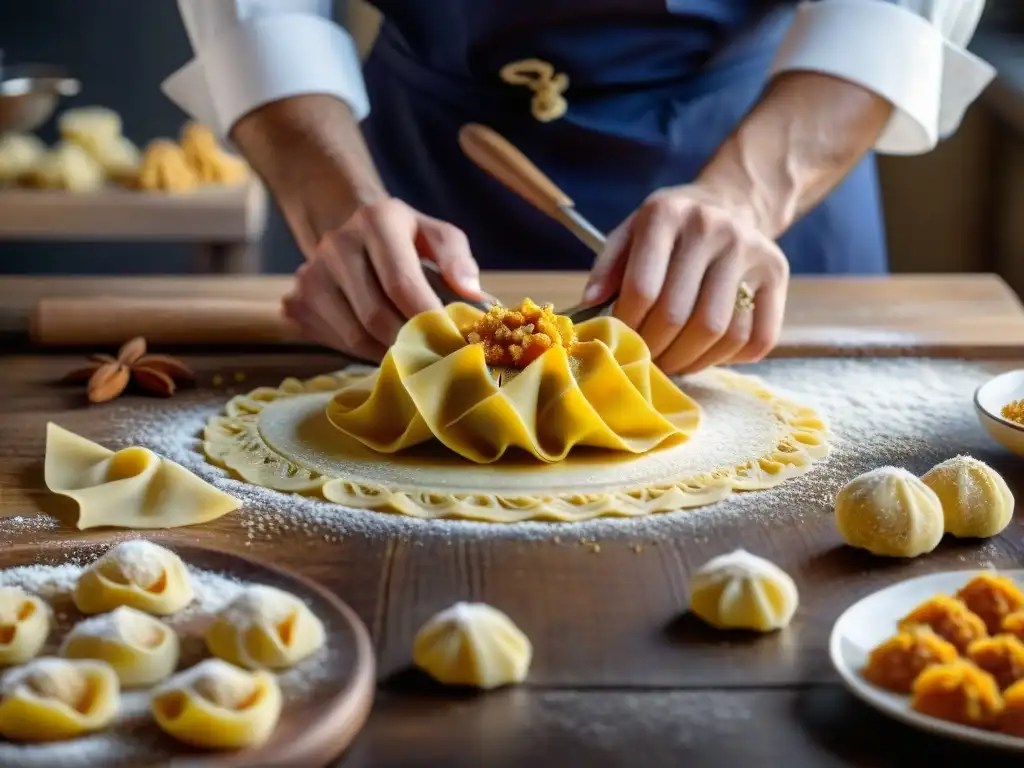 Un chef experto elabora tortelli di zucca receta tradicional con destreza, sellando la pasta rellena de calabaza y amaretti