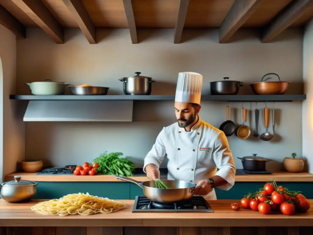 Un chef famoso preparando recetas italianas en una cocina rústica llena de utensilios tradicionales y hierbas frescas colgando del techo