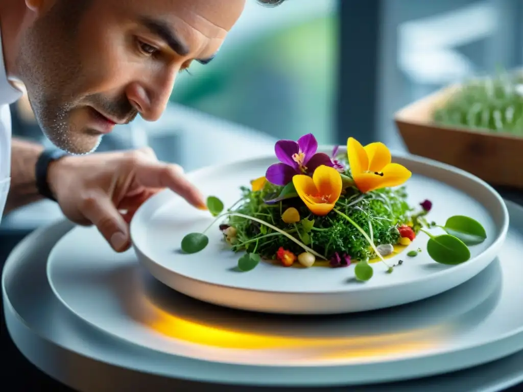 El chef Pietro Leemann muestra su filosofía culinaria al plato una obra de arte vegana en su elegante cocina