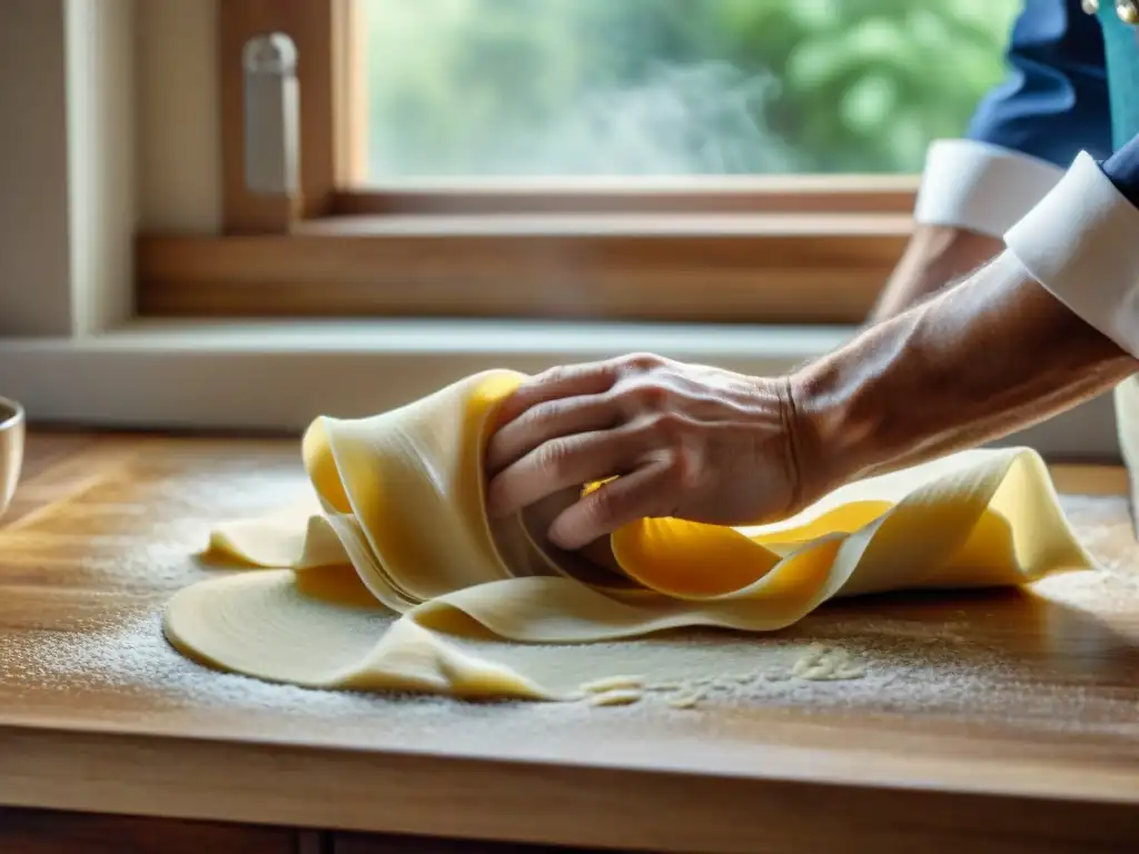 Un chef hábil amasa finas capas de masa fresca para pasta italiana, bajo luz natural