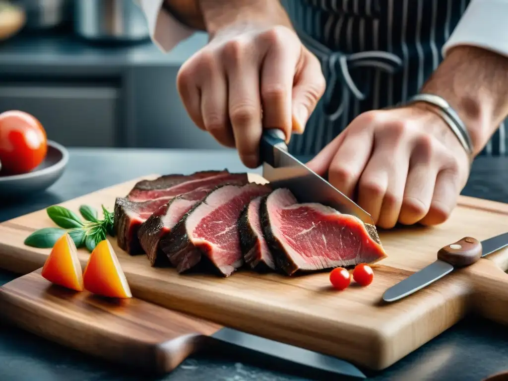 Chef cortando finas láminas de carne mármol en cocina moderna