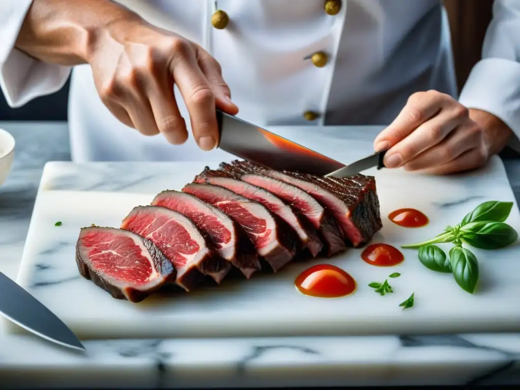 Un chef cortando finas lonchas de carne sobre mármol frío