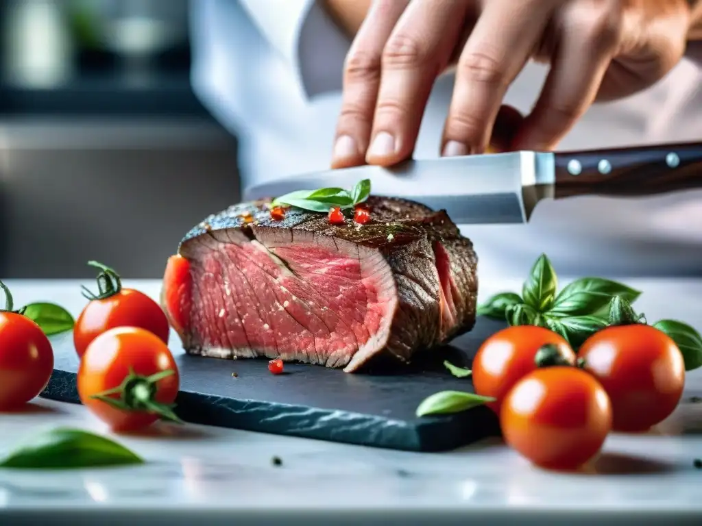 Chef cortando finas lonchas de solomillo para preparar carpaccio de carne con tomates y albahaca fresca en tabla de mármol