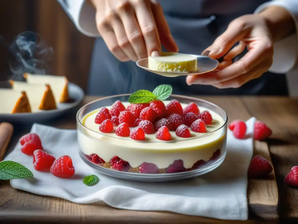 Un chef espolvoreando frambuesas rojas sobre pannacotta casero en vaso de cristal, en mesa de cocina rústica