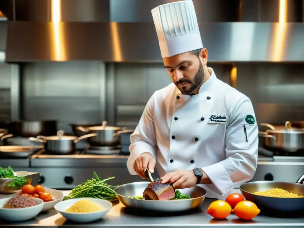 Un chef francés experto sella un pechuga de pato mientras un chef italiano remueve un risotto cremoso en una cocina profesional