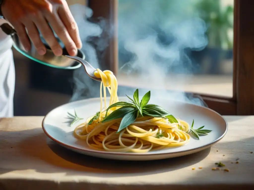 Chef esparciendo estragón fresco sobre pasta italiana en cocina rústica