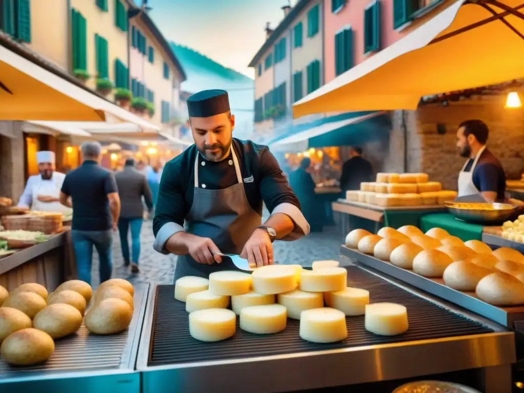 Un chef preparando Frico en una bulliciosa calle de Friuli, Italia, en medio de coloridos puestos de comida