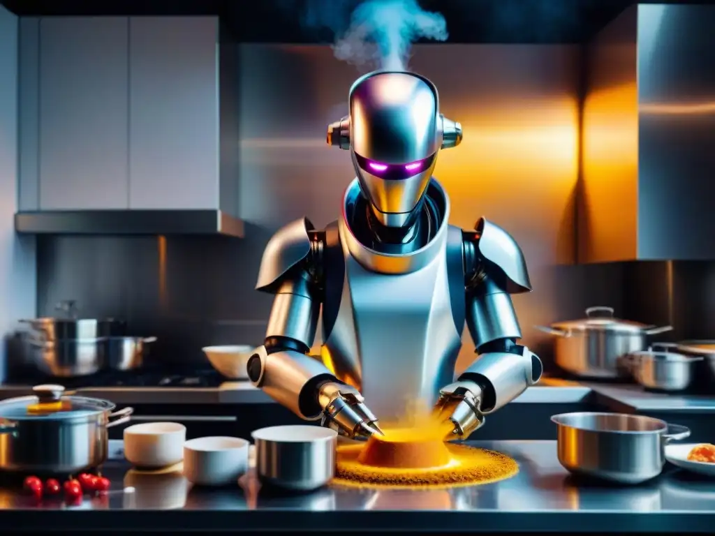 Un chef robot futurista preparando delicias italianas en una cocina moderna