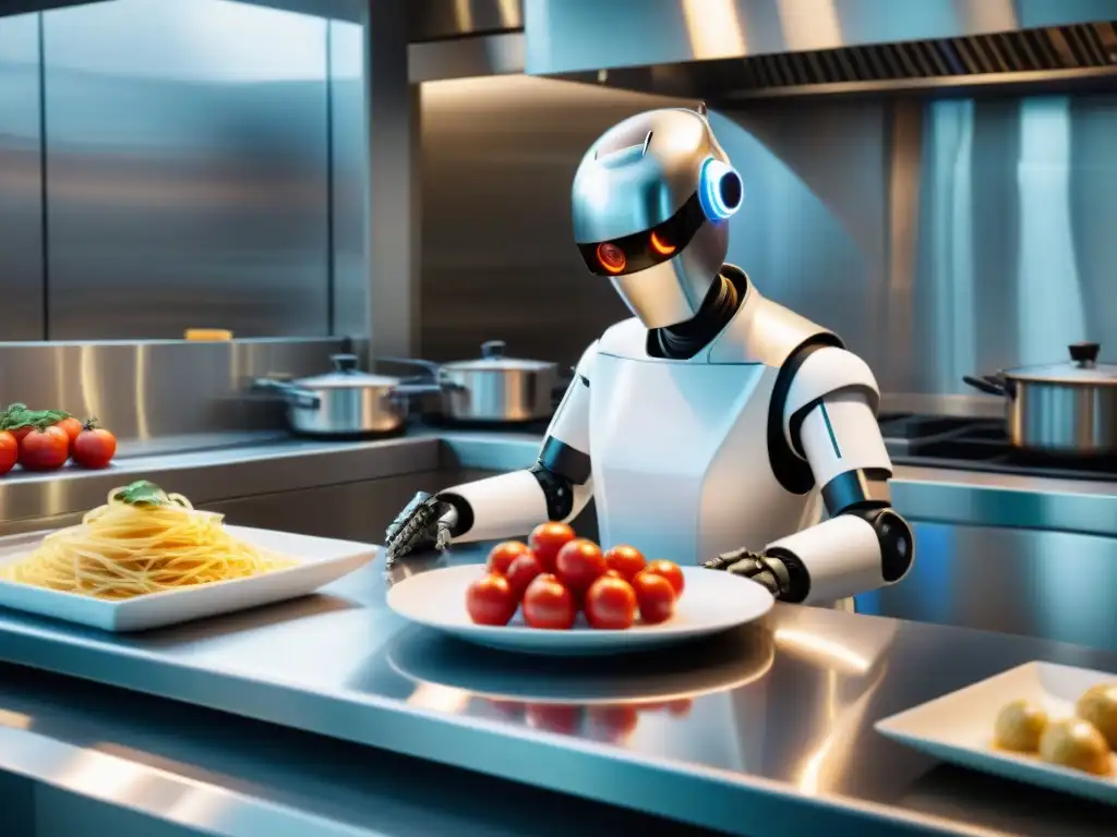 Un chef robot futurista prepara plato italiano en bulliciosa cocina