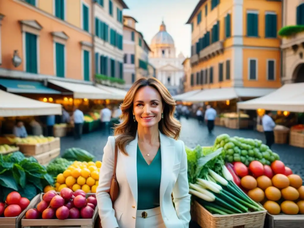 La chef Giada De Laurentiis conversando con vendedores locales en las bulliciosas calles de Roma