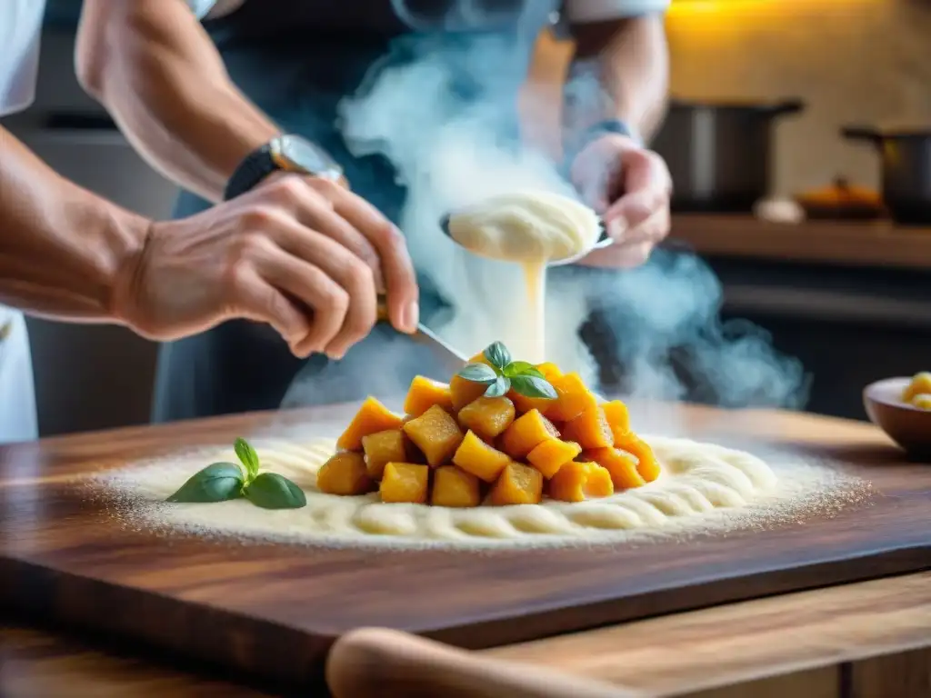 Chef elaborando gnocchi de calabaza, mostrando la destreza en la cocina italiana