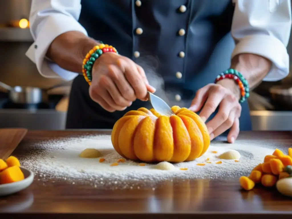 Un chef moldea gnocchi de calabaza receta vegetariana, con amor y destreza, en una atmósfera cálida y artesanal