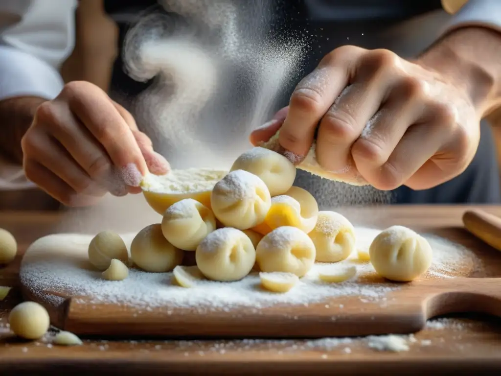 Un chef moldea gnocchi caseros con destreza en una cocina rústica