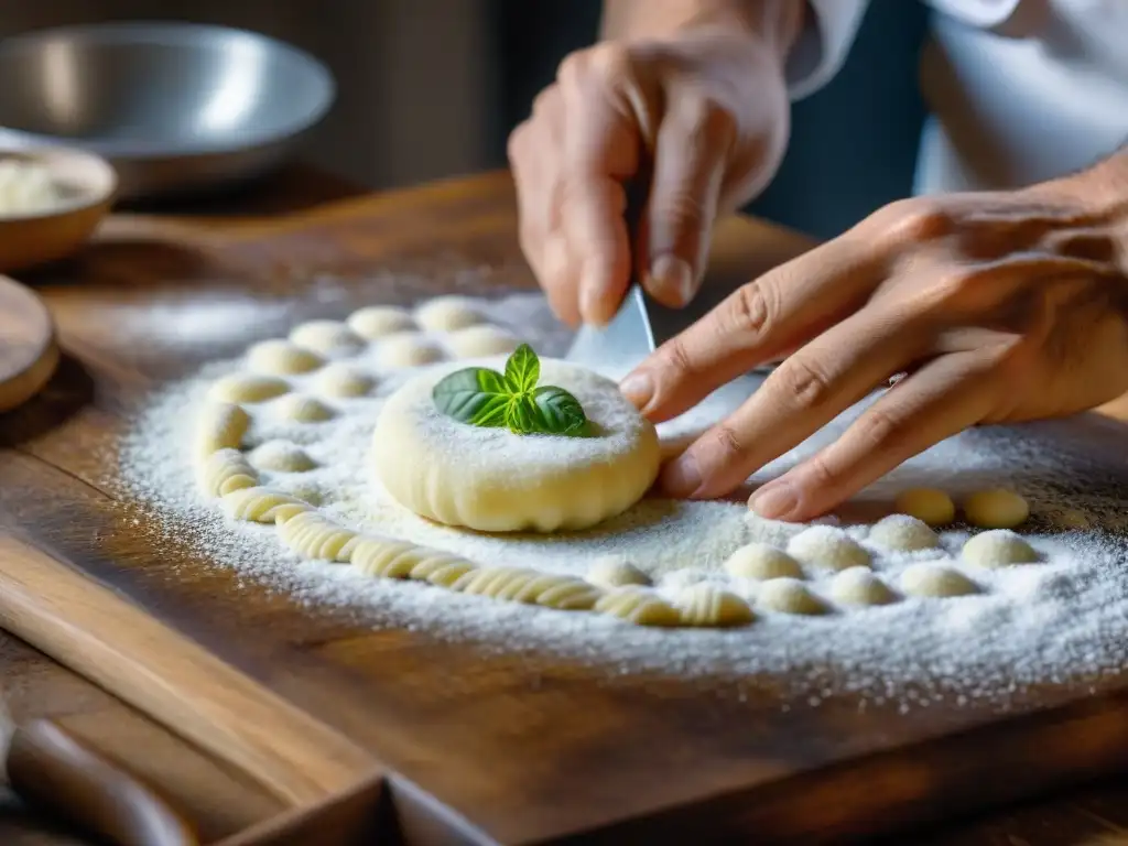 El chef moldea con precisión los gnocchis de sémola para la receta tradicional Gnocchi alla Romana