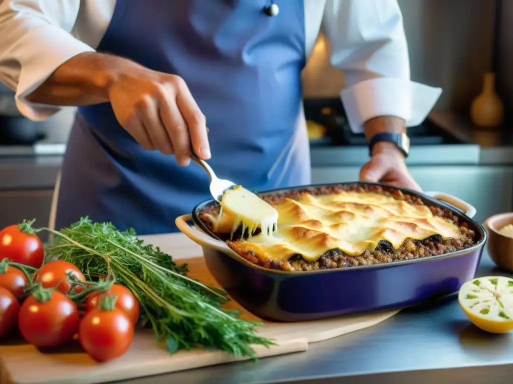 Un chef griego prepara moussaka en cocina tradicional, con ingredientes auténticos