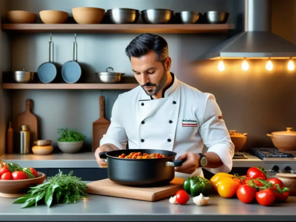 Un chef prepara un guiso de pollo cacciatore en una cocina rústica