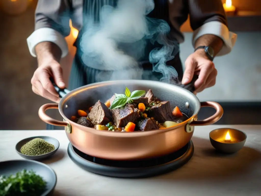 Un chef umbrío sazona expertamente un guiso de jabalí, transmitiendo los sabores intensos y la maestría culinaria de la cocina Umbría