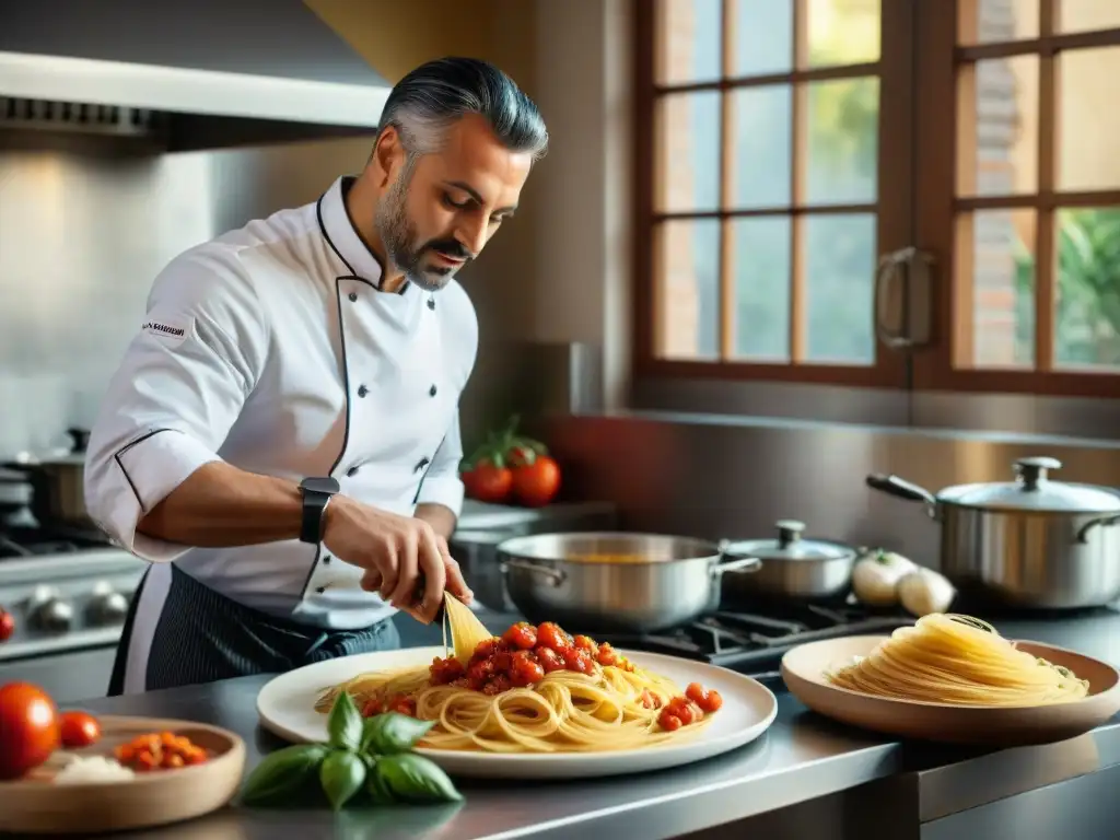 Un chef habilidoso en una cocina moderna con ingredientes tradicionales italianos, combinando técnicas modernas para recetas italianas