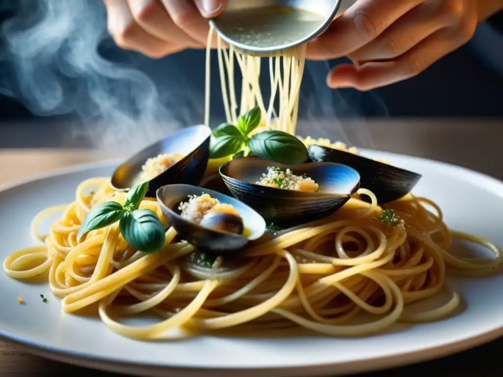 Un chef habilidoso esparciendo Parmesano sobre un plato de espaguetis alle vongole, resaltando las técnicas innovadoras umami cocina italiana