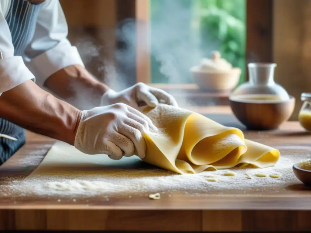 Un chef habilidoso preparando pasta fresca a mano en una cocina, capturando la esencia de recetas italianas adaptadas a la cocina moderna