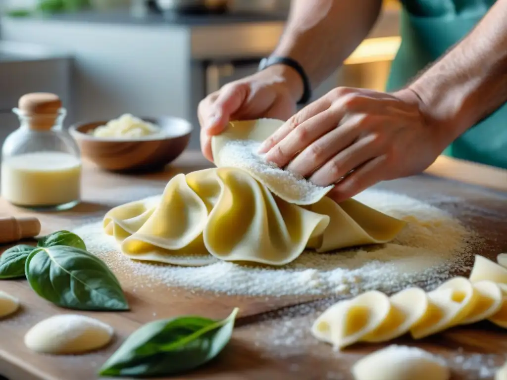 Un chef habilidoso prepara ravioli caseros con relleno de ricotta y espinacas