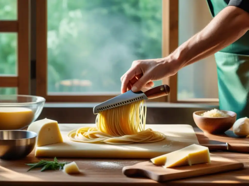 Un chef habilidoso usando utensilios italianos para platos caseros en una cocina rústica